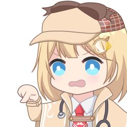 Rule 34 | 1girl, blonde hair, blue eyes, bow, bright pupils, brown hat, chibi, coat, collared shirt, deerstalker, hair ornament, hat, hat bow, hololive, hololive english, multicolored clothes, multicolored hat, necktie, open mouth, pointing, red necktie, shirt, short hair, short necktie, solo, stethoscope, upper body, virtual youtuber, watson amelia, watson amelia (1st costume), white pupils, white shirt, yellow coat, zephylyne