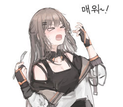 Rule 34 | &gt; &lt;, 1girl, absurdres, blush, breasts, brown hair, cleavage, closed eyes, collarbone, crying, fingerless gloves, fork, girls&#039; frontline, gloves, hair between eyes, hair ornament, hairclip, highres, holding, holding fork, k2 (girls&#039; frontline), korean text, long hair, long sleeves, open mouth, rampart1028, simple background, solo, upper body, white background