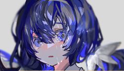 1girl blue_eyes blue_hair blurry close-up crying crying_with_eyes_open depth_of_field fusai_sougaku hair_between_eyes highres looking_at_viewer original parted_lips portrait short_hair sidelocks simple_background solo streaming_tears tears white_background