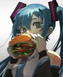 Rule 34 | 1girl, aqua eyes, aqua hair, aqua necktie, asymmetrical bangs, bare shoulders, breasts, burger, commentary, detached sleeves, eating, english commentary, food, grey shirt, hair between eyes, hair ornament, hands up, hatsune miku, highres, holding, holding food, long hair, looking at viewer, necktie, neon trim, shirt, short eyebrows, shoulder tattoo, sidelocks, simple background, sleeveless, sleeveless shirt, small breasts, solo, tattoo, topdylan, twintails, upper body, vocaloid, w arms, white background