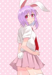Rule 34 | 1girl, alternate hair length, alternate hairstyle, animal ears, collared shirt, cowboy shot, eyebrows, from behind, hair between eyes, highres, light purple hair, looking at viewer, looking back, miniskirt, necktie, pink background, pink skirt, pleated skirt, polka dot, polka dot background, puffy short sleeves, puffy sleeves, rabbit ears, rabbit girl, rabbit tail, red eyes, red necktie, reisen udongein inaba, sakechazuke, shirt, short hair, short sleeves, skirt, solo, sweat, tail, tearing up, tears, thighhighs, touhou, white shirt, white thighhighs