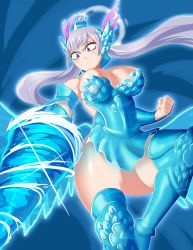 Rule 34 | 1girl, absurdres, armor, black clover, breasts, cleavage, female focus, grey hair, highres, large breasts, linkxs, long hair, noelle silva, purple eyes, solo, thick thighs, thighs, twintails