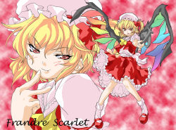 Rule 34 | &gt;:), 1girl, :d, ascot, blonde hair, blouse, blush, bobby socks, bow, character name, dress, english text, engrish text, fang, flandre scarlet, foreshortening, frills, hand on own chin, hat, hat bow, holding, laevatein, mary janes, matsukura nemu, mob cap, multiple views, naughty face, one side up, open mouth, pigeon-toed, ranguage, red eyes, sash, shirt, shoes, side ponytail, smile, socks, standing, stroking own chin, touhou, tsurime, upper body, v-shaped eyebrows, wings