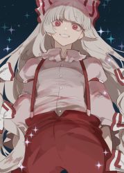 Rule 34 | 1girl, baggy pants, buttons, collared shirt, commentary, damaged, eyelashes, frilled shirt collar, frills, from below, fujiwara no mokou, grin, highres, hime cut, kerok (joniko1110), long hair, long sleeves, looking down, ofuda, open mouth, pants, red eyes, red pants, shirt, sidelocks, silver hair, sky, smile, smoke, solo, sparkle, standing, suspenders, teeth, touhou, two-tone bow, very long hair, white shirt