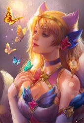 Rule 34 | 1girl, ahri (league of legends), alternate color, alternate costume, alternate hairstyle, animal ears, backlighting, blonde hair, blue eyes, breasts, bug, butterfly, choker, cleavage, cleavage cutout, clothing cutout, fox ears, grey background, headband, highres, insect, league of legends, lipstick, magical girl, makeup, open mouth, simple background, solo, star (symbol), star guardian (league of legends), star guardian ahri, tail, yangfan