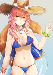 Rule 34 | 1girl, absurdres, animal ear fluff, animal ears, atora, bad id, bad pixiv id, bikini, blue bikini, blush, bracelet, breasts, cleavage, collarbone, commentary, commentary request, ears through headwear, fang, fate/grand order, fate (series), fox ears, fox shadow puppet, fox tail, grey background, groin, hat, highres, innertube, jewelry, large breasts, looking at viewer, navel, necklace, one eye closed, pink hair, side-tie bikini bottom, simple background, solo, straw hat, swim ring, swimsuit, tail, tamamo (fate), tamamo no mae (fate/extra), tamamo no mae (swimsuit lancer) (fate), yellow eyes