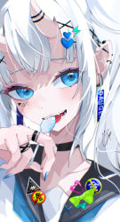 Rule 34 | 1girl, absurdres, black choker, black sailor collar, blue eyes, blue nails, blue neckerchief, blurry, candy, choker, collarbone, commentary, ear piercing, earrings, english commentary, eyebrows hidden by hair, facial tattoo, fingernails, food, goma irasuto, hair ornament, heart, heart hair ornament, highres, horns, jewelry, lollipop, long hair, looking at viewer, mixed-language commentary, nail polish, neckerchief, original, piercing, portrait, ring, sailor collar, sharp teeth, signature, solo, tattoo, teeth, tongue, white hair, x hair ornament