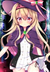 Rule 34 | 1girl, black dress, blonde hair, blurry, blurry background, blush, bow, bow panties, cape, collared cape, cowboy shot, dress, gloves, hair between eyes, hairband, hat, hat bow, hat ribbon, highres, jewelry, little witch nobeta, long hair, miwa uni, nobeta, panties, parted lips, red eyes, ribbon, side-tie panties, sidelocks, solo, thighs, underwear, white gloves, white panties, witch hat