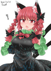 Rule 34 | 1girl, animal ear fluff, animal ears, black bow, black dress, bow, braid, breasts, cat ears, cat tail, chups, dated, dress, fang, frilled sleeves, frills, hair bow, highres, holding, holding own hair, kaenbyou rin, large breasts, long hair, long sleeves, looking at viewer, multiple tails, nail polish, neck ribbon, nekomata, nyan, open mouth, red eyes, red hair, red nails, red ribbon, ribbon, side braids, signature, simple background, solo, tail, touhou, twin braids, two tails, upper body, white background, wide sleeves