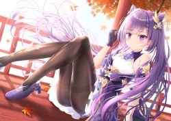 Rule 34 | 1girl, anger vein, animal ears, autumn, autumn leaves, bare shoulders, black gloves, black pantyhose, blush, breasts, commentary request, cone hair bun, day, dress, falling leaves, fingerless gloves, frills, full body, genshin impact, gloves, hair bun, hair ornament, holding, holding leaf, keqing (genshin impact), leaf, leaf hair ornament, liuliu, long hair, maple leaf, pantyhose, purple eyes, purple hair, shoes, sitting, small breasts, solo, thighband pantyhose, twintails, very long hair