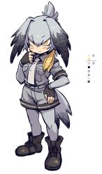 Rule 34 | 10s, 1girl, bad id, bad twitter id, bird girl, bird tail, bird wings, black gloves, blouse, boots, collared shirt, color guide, feathered wings, fingerless gloves, full body, gloves, grey hair, grey necktie, grey shirt, grey shorts, hand on own hip, hand on own chin, head wings, highres, kemono friends, long hair, looking at viewer, low ponytail, mizuno (okn66), multicolored hair, necktie, pantyhose, shirt, shoebill (kemono friends), shorts, side ponytail, simple background, stroking own chin, tail, tsurime, white background, wings
