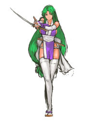 Rule 34 | 1girl, breasts, elbow gloves, fighting stance, fingerless gloves, full body, fundoshi, ganbare goemon, gloves, green eyes, green hair, halterneck, highres, holding, holding sword, holding weapon, japanese clothes, kuji-in, large breasts, long hair, low-tied long hair, matching hair/eyes, nameo (judgemasterkou), ninja, ninjatou, no bra, own hands together, parted bangs, pelvic curtain, sandals, short sword, sideboob, simple background, solo, standing, sword, thighhighs, v-shaped eyebrows, very long hair, weapon, white background, white thighhighs, yae (ganbare goemon)