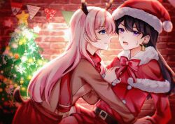 Rule 34 | 2girls, animal costume, antlers, bang dream!, bang dream! it&#039;s mygo!!!!!, bell, bell earrings, black hair, blue eyes, bow, bowtie, brick wall, capelet, chihaya anon, chinese commentary, christmas, christmas tree, closed mouth, commentary request, deer tail, dress, earrings, fang, hat, highres, hmxyymyyc, horns, indoors, jewelry, long hair, looking at another, mole, mole under eye, multiple girls, open mouth, pink hair, purple eyes, red bow, red bowtie, red capelet, red dress, red hat, reindeer antlers, reindeer costume, santa costume, santa dress, shiina taki, skin fang, smile, sweatdrop, tail, yuri