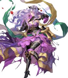 Rule 34 | 1girl, book, breasts, camilla (alluring darkness) (fire emblem), camilla (fire emblem), cleavage, crown, dress, fake horns, fire emblem, fire emblem fates, fire emblem heroes, gloves, hair over one eye, highres, holding, holding book, horns, large breasts, long hair, nintendo, non-web source, official alternate costume, official art, purple dress, purple gloves, solo, wavy hair