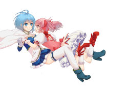 10s 2girls blue_eyes blue_hair bow cape dress eye_contact gloves hair_bow holding_hands kaname_madoka kaname_madoka_(magical_girl) looking_at_another magical_girl mahou_shoujo_madoka_magica mahou_shoujo_madoka_magica_(anime) miki_sayaka miki_sayaka_(magical_girl) multiple_girls pink_eyes pink_hair short_twintails simple_background thighhighs twintails white_background yumyy_iura zettai_ryouiki