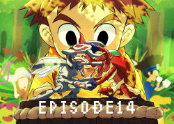 Rule 34 | 1girl, 2boys, agumon, atlurkabuterimon, atlurkabuterimon (red), bbb (fabio8552), brown hair, bug, commentary request, digimon, digimon (creature), digimon adventure: (2020), episode number, fangs, fighting, forest, goggles, goggles on head, highres, izumi koshiro, kuwagamon, looking at another, multiple boys, nature, okuwamon, open mouth, outdoors, palmon, pink headwear, short hair, spiked hair, spoilers, tachikawa mimi, teeth, tree, yagami taichi