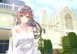 Rule 34 | 1girl, artist name, bare shoulders, bow, bride, brown hair, building, cathedral, day, dress, dress bow, earrings, elbow gloves, glint, gloves, green eyes, jewelry, looking at viewer, necklace, original, outdoors, road sign, scenery, sena (illust sena), sign, smile, standing, tiara, tree, wedding dress, white dress, white gloves