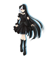 Rule 34 | 1girl, asymmetrical hair, black eyes, black hair, boots, collarbone, contemporary, doll joints, dress, expressionless, frilled dress, frills, full body, gothic lolita, graphite (medium), hair ribbon, heterochromia, joints, lolita fashion, long hair, mechanical pencil, multicolored hair, original, pencil, platform footwear, red eyes, ribbon, simple background, solo, split-color hair, split theme, standing, straight-on, tachi-e, traditional media, traditional youkai, two-tone hair, very long hair, white background, white hair, yustinos
