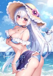 Rule 34 | 1girl, arm under breasts, artist name, ass, bare shoulders, bikini, black choker, blue bikini, blue hair, blue skirt, blue sky, blush, bracelet, braid, breasts, choker, cleavage, closed mouth, collarbone, commentary request, cowboy shot, crossed bangs, curvy, day, floating hair, flower, frilled bikini, frilled hat, frilled skirt, frills, grabbing own arm, hair between eyes, hair ribbon, halterneck, happy, hat, hat flower, jewelry, large breasts, lens flare, light blue hair, long hair, looking at viewer, mitsuba choco, necklace, ocean, original, outdoors, pearl bracelet, pink flower, purple ribbon, red eyes, ribbon, single braid, skindentation, skirt, sky, smile, solo, split mouth, straight hair, sunlight, swimsuit, very long hair, yellow hat