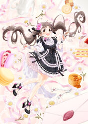 Rule 34 | 1girl, ahoge, black dress, black footwear, black ribbon, blurry, blurry foreground, blush, bow, breasts, brown eyes, brown hair, cake, cookie, cup, dot nose, dress, floating hair, flower, food, fork, frilled dress, frills, full body, goma konbu, hair bow, hair flower, hair ornament, hair ribbon, hakozaki serika, hands up, high heels, highres, holding, holding cup, idolmaster, idolmaster million live!, idolmaster million live! theater days, knife, leg up, letter, long hair, looking at viewer, macaron, open mouth, pancake, pink background, pink flower, pink ribbon, polka dot, polka dot ribbon, ribbon, scrunchie, see-through, short sleeves, small breasts, smile, solo, spoon, standing, standing on one leg, strawberry cake, sugar cube, teapot, tray, twintails, very long hair, white flower, white scrunchie, wrist scrunchie