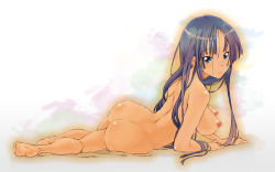 Rule 34 | 1girl, akiyama mio, ass, back, bad id, bad pixiv id, barefoot, blue eyes, blue hair, breasts, completely nude, face, feet, k-on!, long hair, lying, matching hair/eyes, nipples, nude, on side, soles, solo, toes, tsukai yowo