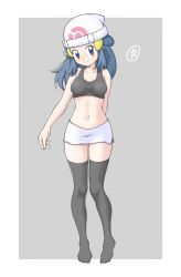 Rule 34 | 1girl, absurdres, arm behind back, bare arms, beanie, black thighhighs, blue eyes, blue hair, blush, border, breasts, closed mouth, collarbone, commentary request, creatures (company), dawn (pokemon), eyelashes, full body, game freak, hair ornament, hairclip, hat, highres, midriff, miniskirt, navel, nintendo, pokemon, pokemon (anime), pokemon dppt (anime), skirt, smile, solo, tax2rin, thighhighs, white border, white hat, white skirt