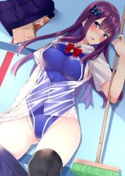 Rule 34 | 1girl, backpack, bag, blue eyes, blush, bow, competition swimsuit, gluteal fold, hair ornament, hairclip, kaerunoashi, looking at viewer, lying, on back, one-piece swimsuit, original, parted lips, pleated skirt, purple hair, red bow, see-through, single thighhigh, skirt, solo, swimsuit, thighhighs, wet, wet clothes