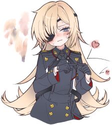 Rule 34 | 1girl, black dress, black gloves, blonde hair, blue eyes, blush, breasts, dress, eyepatch, flat chest, gloves, goddess of victory: nikke, guillotine (nikke), half gloves, heart, highres, index finger raised, long hair, looking to the side, military uniform, nervous, small breasts, solo, sweat, tu pa pa pa, uniform, upper body, wavy hair