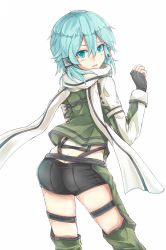 Rule 34 | 10s, 1girl, aqua eyes, aqua hair, ass, blush, butt crack, female focus, fingerless gloves, from behind, gloves, hair ornament, hairclip, highres, looking at viewer, looking back, open mouth, scarf, short hair, short shorts, shorts, sinon, solo, sword art online, yomi (yomi14 pyaon)