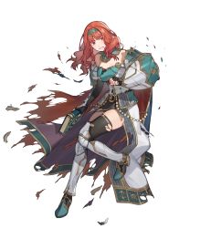 Rule 34 | 1girl, armor, armored boots, bare shoulders, belt, boots, breastplate, cape, celica (fire emblem), dress, earrings, elbow gloves, fingerless gloves, fire emblem, fire emblem echoes: shadows of valentia, fire emblem heroes, full body, gloves, gold trim, hairband, highres, jewelry, long hair, nintendo, non-web source, noy, official art, overskirt, red eyes, red hair, skirt, thighhighs, thighs, torn clothes, transparent background, zettai ryouiki