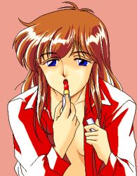 Rule 34 | 1990s (style), 1girl, 5 jikanme no venus, applying makeup, blue eyes, brown hair, cosmetics, facing viewer, fairy dust, game cg, lipstick tube, looking at viewer, lowres, no bra, pc98, pixel art, retro artstyle, simple background, solo, tagme