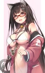 Rule 34 | 1girl, animal ears, bell, bikini, bikini top only, black hair, blush, breasts, broken, broken chain, cat ears, cat tail, chain, clenched hand, collarbone, fang, front-tie top, glasses, hair ornament, hairclip, highres, jacket, jingle bell, large breasts, long hair, navel, off shoulder, open clothes, open jacket, open mouth, original, osa (osaosa), purple eyes, skin fang, solo, sweat, swimsuit, tail, white bikini, zipper