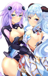 Rule 34 | 2girls, absurdres, back, backless outfit, bare back, bare shoulders, bimmy, blue hair, bow, breasts, cleavage, commission, detached sleeves, ganyu (genshin impact), genshin impact, goat horns, highres, horns, large breasts, long hair, long sleeves, looking at viewer, looking back, multiple girls, neptune (series), purple heart (neptunia), solo, white sleeves