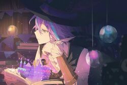 Rule 34 | 1boy, aqua hair, belt buckle, book, buckle, castle, closed mouth, commentary, flag, hat, holding, holding book, holding quill, kamishiro rui, kino kazumi, light, long sleeves, male focus, multicolored hair, official alternate costume, open book, project sekai, purple hair, quill, revival my dream (project sekai), short hair, solo, streaked hair, string of flags, symbol-only commentary, two-tone hair, yellow eyes