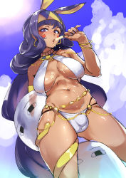 Rule 34 | 1girl, absurdres, animal ears, belly chain, bikini, breasts, bulge, covered testicles, dark-skinned female, dark skin, earrings, facial mark, fate/grand order, fate (series), flaccid, food, from below, futanari, hairband, halterneck, halterneck, highres, jewelry, long hair, looking at viewer, medium breasts, medjed (fate), melting, navel, necklace, nitocris (fate), pokkora, popsicle, purple eyes, purple hair, rabbit ears, sexually suggestive, solo, swimsuit, testicles, third-party edit, very long hair