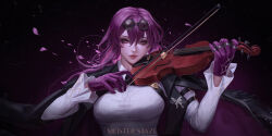 Rule 34 | 1girl, absurdres, arm belt, artist name, black jacket, bow (music), breasts, collared shirt, commentary, dark background, english commentary, eyewear on head, gloves, hair between eyes, highres, holding instrument, holding violin, honkai: star rail, honkai (series), instrument, jacket, kafka (honkai: star rail), long hair, long sleeves, looking at viewer, mature female, medium breasts, meister staze, music, petals, playing instrument, purple background, purple eyes, purple gloves, purple hair, purple theme, red lips, round eyewear, shirt, smile, solo, spider web print, upper body, violin, white shirt
