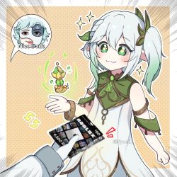 Rule 34 | 1boy, 1girl, :3, bare shoulders, blue hair, blush, bracelet, closed mouth, dottore (genshin impact), dress, english text, genshin impact, gloves, gnosis (genshin impact), gradient hair, green eyes, green hair, grey hair, hair between eyes, highres, holding, jewelry, nahida (genshin impact), long hair, long sleeves, mask, multicolored hair, nahida (genshin impact), nyuell, pointy ears, red eyes, side ponytail, smile, solo focus, speech bubble, spoken character, white dress, white gloves