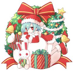 Rule 34 | 1girl, asameshi, bell, blue hair, blush, boots, bright pupils, christmas, christmas present, christmas tree, detached sleeves, disgaea, dress, full body, fur trim, gift, grey background, hat, long sleeves, looking at viewer, lying, mittens, on stomach, open mouth, pleinair, pointy ears, red dress, red footwear, red mittens, santa costume, santa hat, short hair, solo, star (symbol), straddling, stuffed animal, stuffed rabbit, stuffed toy, thighhighs, usagi-san, white thighhighs, wreath