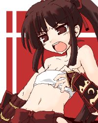Rule 34 | 1girl, :o, arm guards, armpits, atlus, bare shoulders, blush, bow, bowtie, breasts, brown eyes, brown hair, bushidou (sekaiju), cleavage, collarbone, etrian odyssey, lowres, oekaki, ponytail, red bow, red bowtie, sarashi, sidelocks, small breasts, solo, strapless, upper body