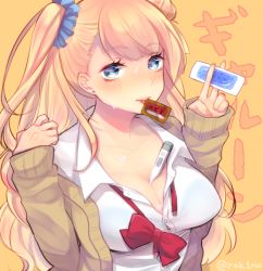 Rule 34 | 10s, 1girl, akatsuki rokino, asymmetrical hair, between breasts, blonde hair, blue eyes, blush, bow, bowtie, breasts, cardigan, cleavage, condom, condom in mouth, condom wrapper, earrings, female focus, galko, hair bun, jewelry, large breasts, loose bowtie, mouth hold, one side up, oshiete! galko-chan, school uniform, scrunchie, side bun, single side bun, sleeves past wrists, solo, stud earrings, sweat, thermometer, translated, twitter username, unbuttoned, upper body
