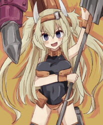Rule 34 | 1girl, arm under breasts, black thighhighs, blonde hair, blush stickers, breasts, character request, collar, commentary request, copyright request, cowboy shot, eyelashes, hairband, holding, holding polearm, holding weapon, horns, large breasts, long hair, looking at viewer, minoru minoru, navel, open mouth, orange collar, orange hairband, orange wrist cuffs, polearm, purple eyes, shadow, smile, solo, straight-on, thighhighs, two side up, v-shaped eyebrows, weapon, white horns, yellow background
