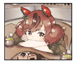Rule 34 | 1girl, animal ears, artist request, bad id, bad pixiv id, blush, border, bow, brown eyes, brown hair, clothing request, commentary request, cup, ear covers, ear ribbon, film grain, food, green ribbon, green tea, head rest, highres, horse ears, indoors, looking at viewer, medium hair, multicolored hair, nice nature (umamusume), ribbon, sitting, solo, streaked hair, tea, teacup, twintails, umamusume, white border