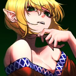 Rule 34 | 1girl, bare shoulders, black background, blonde hair, breasts, brown shirt, cleavage, collarbone, commentary, english commentary, gradient background, green background, green eyes, green nails, hand up, medium breasts, mizuhashi parsee, off shoulder, open mouth, pointy ears, ringed eyes, shirt, short hair, solo, touhou, upper body, yokozuna iwashi