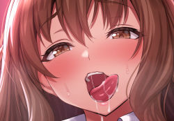 Rule 34 | 1girl, blush, brown eyes, brown hair, long hair, open mouth, ponchi (menchi0925), saliva, solo, tongue, tongue out
