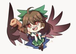 Rule 34 | 1girl, :d, ahoge, arm cannon, bird wings, black thighhighs, blush, bow, brown eyes, brown hair, cape, chibi, collared shirt, control rod, frilled shirt collar, frills, full body, green bow, green skirt, hair between eyes, hair bow, long hair, open mouth, reiuji utsuho, shirt, short sleeves, simple background, skirt, smile, solo, sparkle, starry sky print, teeth, thighhighs, third eye, touhou, upper teeth only, weapon, white background, white cape, white shirt, wings, yayin (yayin233)