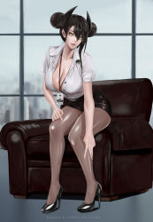 Rule 34 | 1girl, absurdres, agent (girls&#039; frontline), alternate breast size, alternate costume, asymmetrical hair, black hair, blue sky, blurry, breasts, bright pupils, brown pantyhose, building, cityscape, cleavage, collarbone, contemporary, day, depth of field, double bun, english text, fingernails, gcg, girls&#039; frontline, hair bun, hand on own thigh, high heels, highres, id card, indoors, lanyard, large breasts, leaning forward, leather chair, legs, lips, lipstick, looking at viewer, makeup, office lady, pantyhose, parted lips, partially unbuttoned, pencil skirt, sangvis ferri, shirt, sidelocks, sitting, skirt, sky, skyscraper, solo, thighs, white pupils, white shirt, yellow eyes