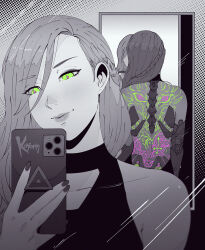 Rule 34 | 1girl, artist name, back tattoo, bare shoulders, cyberpunk (series), cyborg, green eyes, halterneck, highres, holding, holding phone, koyorin, long hair, looking at phone, mechanical arms, mirror, multiple reflections, phone, pink pupils, reflection, single mechanical arm, solo, spot color, taking picture, tattoo