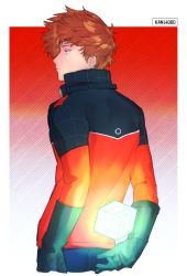 Rule 34 | 1boy, arm at side, arm behind back, black gloves, brown hair, cube, from behind, gkrk89, gloves, long sleeves, looking away, male focus, mizukami satoshi (world trigger), profile, red background, short hair, solo, uniform, world trigger