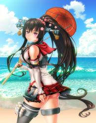 Rule 34 | 10s, 1girl, beach, breasts, brown eyes, brown hair, day, detached sleeves, enshinryoku (ticktack), flower, hair flower, hair ornament, headgear, highres, hip vent, kantai collection, long hair, medium breasts, oil-paper umbrella, plump, ponytail, single thighhigh, skirt, smile, solo, thighhighs, umbrella, yamato (kancolle)