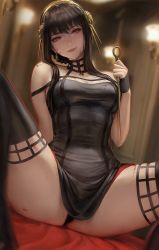 Rule 34 | 1girl, bad id, bad twitter id, black dress, black hair, black thighhighs, blood, blood on breasts, blood on face, blood on leg, bloody weapon, blurry, blurry background, breasts, closed mouth, commentary, dagger, depth of field, dress, earrings, english commentary, flower, gold earrings, gold hairband, hair flower, hair ornament, hairband, highres, holding, holding dagger, holding knife, holding weapon, jewelry, kittew, knife, lips, long hair, looking at viewer, medium breasts, mole, mole on arm, mole on breast, panties, pantyshot, red eyes, rose, sidelocks, sitting, smile, solo, spikes, spy x family, stiletto (weapon), thighhighs, thighs, underwear, weapon, yor briar